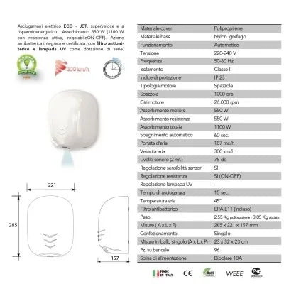 Asciugamani elettrico bianco con fotocellula 1100W