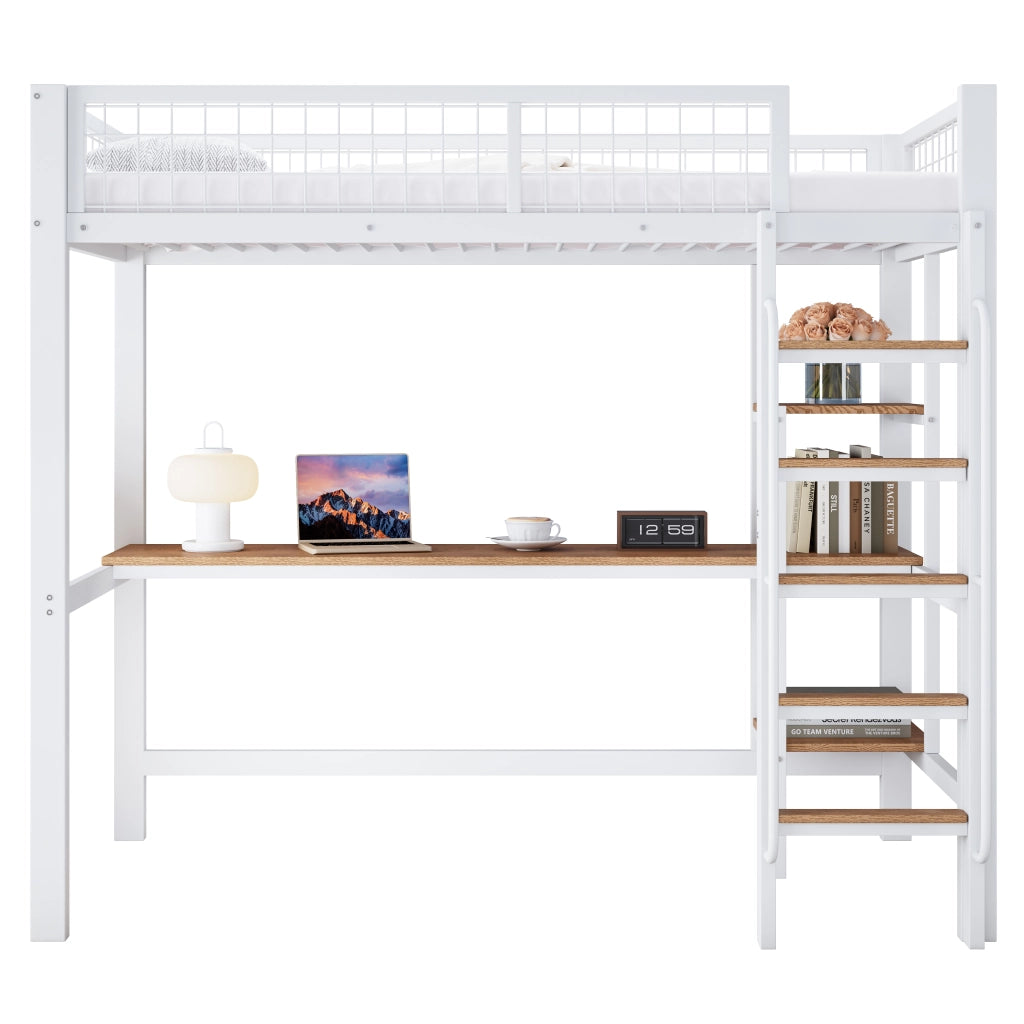 LETTO a castello con scrivania e ripiani 90x200 cm Metallo e legno Bianco/Naturale