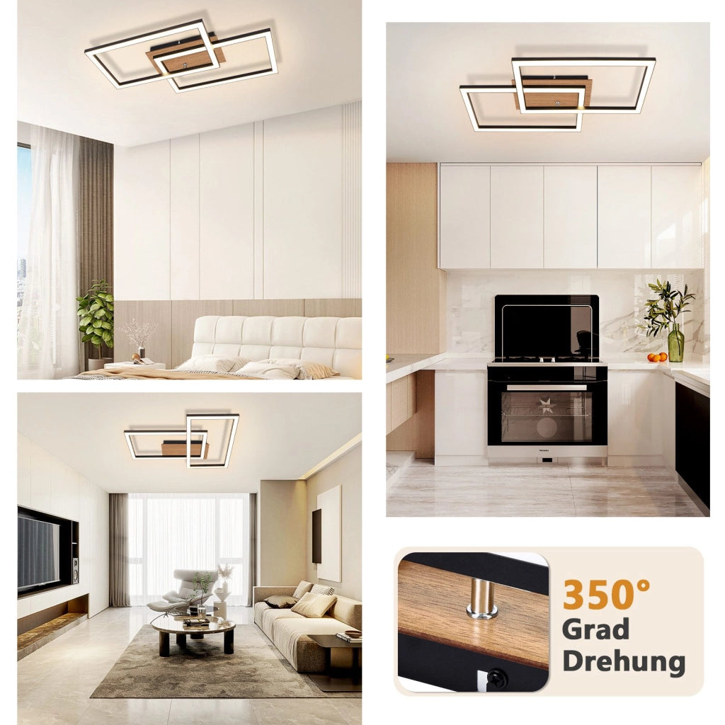 ZMH Lampada da soffitto plafoniera LED moderna in legno nero 24W 3000K bianco caldo design rettangolare