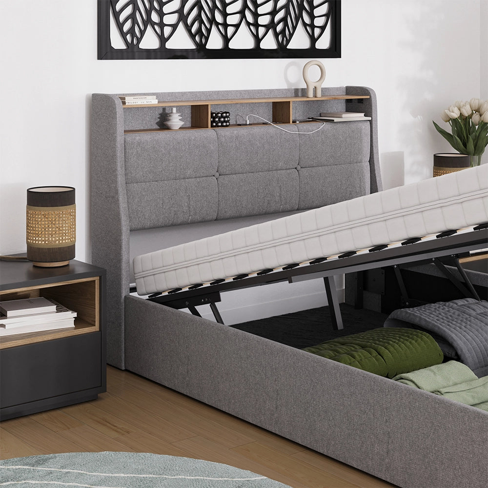 Vitalispa Letto imbottito Grigio/quercia con materasso, LED e connessione USB