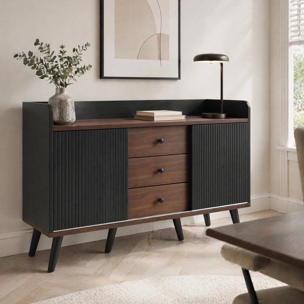 Credenza 117,5x40x80 cm con 3 cassetti in MDF e truciolare nera e color legno