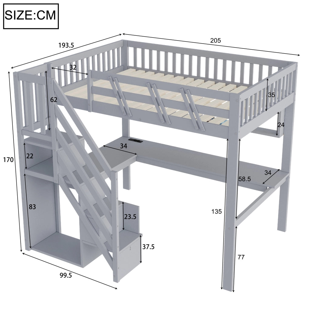 Letto a soppalco 140x200 cm con scrivania; LED; scale contenitore e prese; grigio