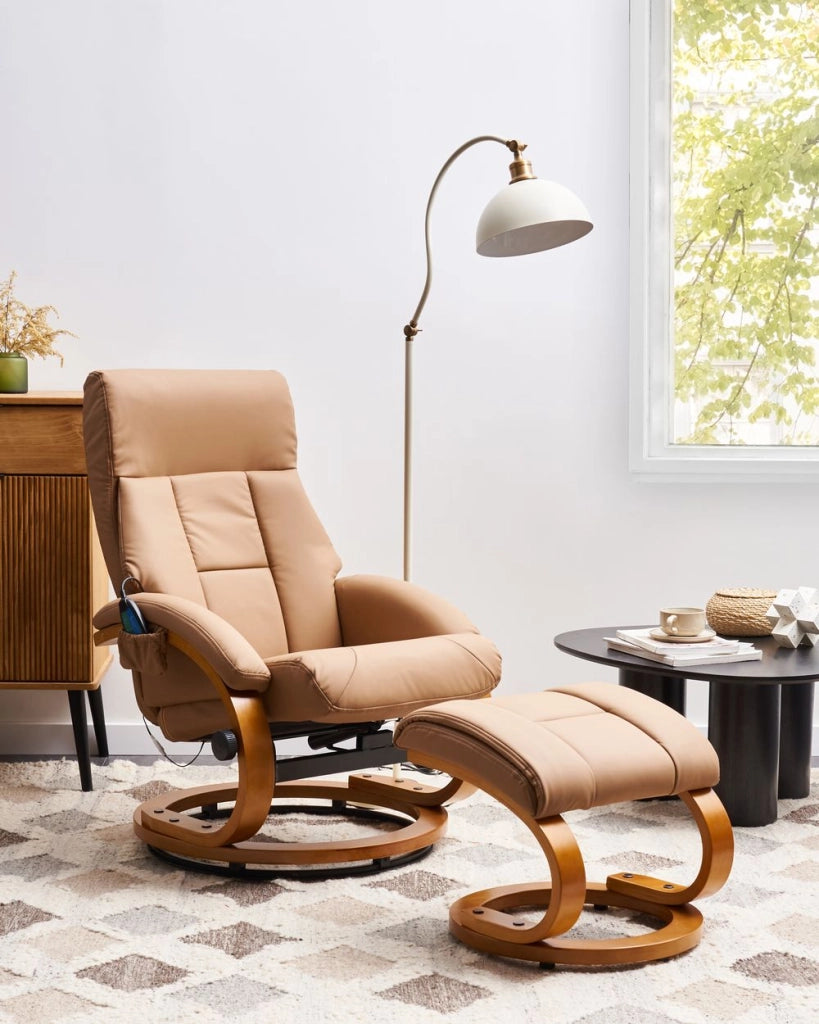 Poltrona Reclinabile Beige con Poggiapiedi Imbottito in Ecopelle Massaggio Riscaldato Struttura in Legno Schienale Regolabile Design Retrò