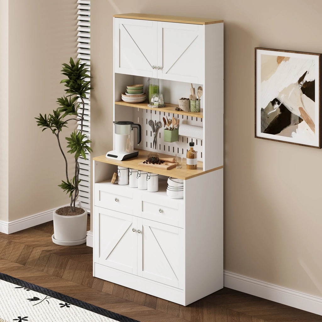 OKWISH Credenza da Cucina con Ripiani, 4 Ante e 2 Cassetti, Pannello Forato, per Cucina, MDF, Bianco, 80×40×175 cm