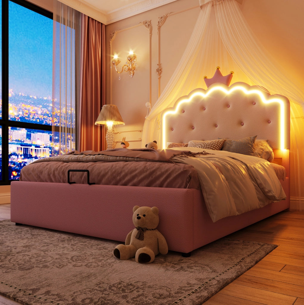 Letto imbottito principessa 140x200 cm rosa con LED