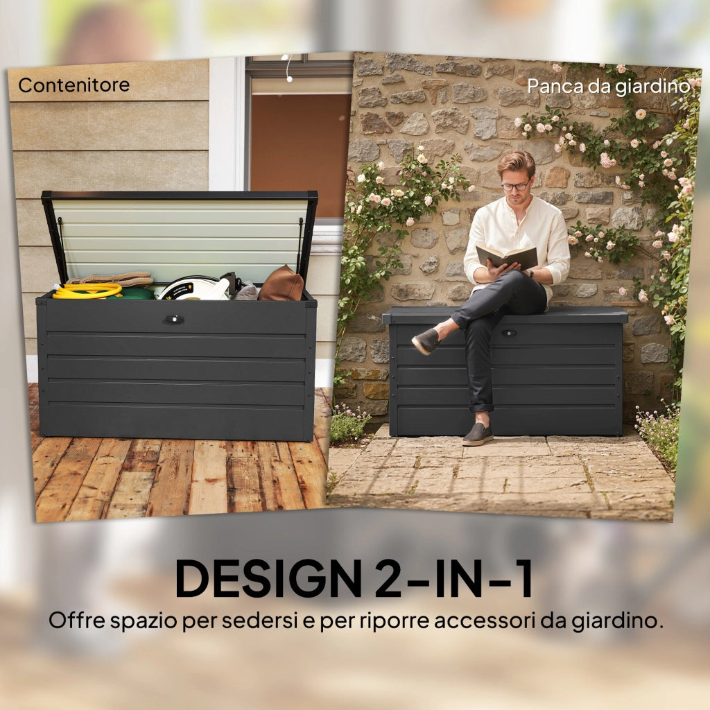Panca Baule Contenitore da Giardino con Chiave, Cassapanca Moderna in Acciaio, Grigio, 120x62x62cm