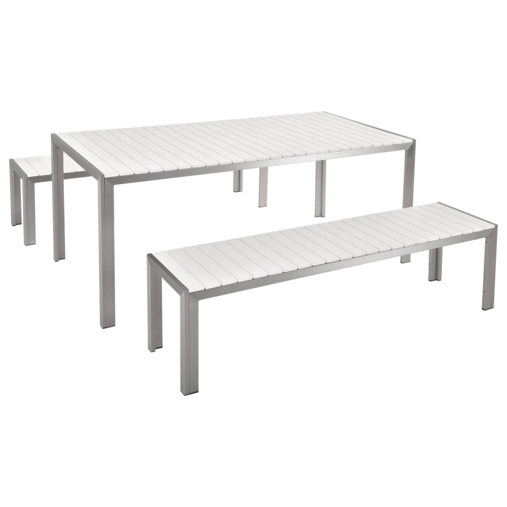 Set da pranzo da giardino bianco da esterno 3 pezzi tavolo rettangolare 2 panche struttura in alluminio spazzolato