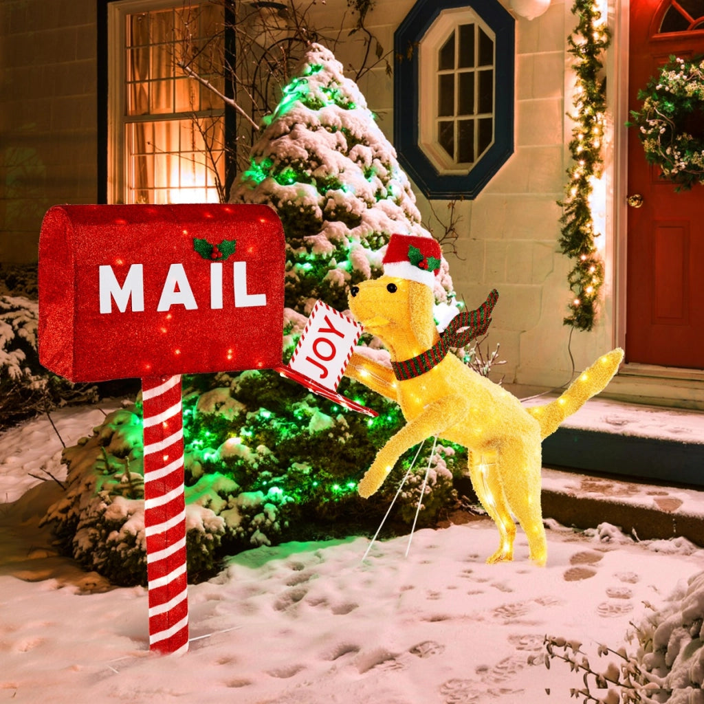 Cassetta postale natalizia e cane con 120 luci LED bianco caldo, Decorazione festiva pre-illuminata con fascette-Decorazioni festive