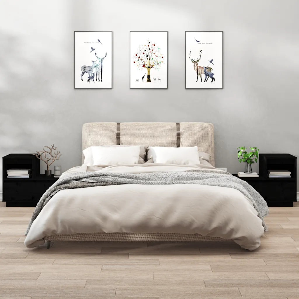 Set di 2 Comodini | Armadio da Notte | Mobiletto da notte Neri 60x34x51 cm in Legno Massello di Pino