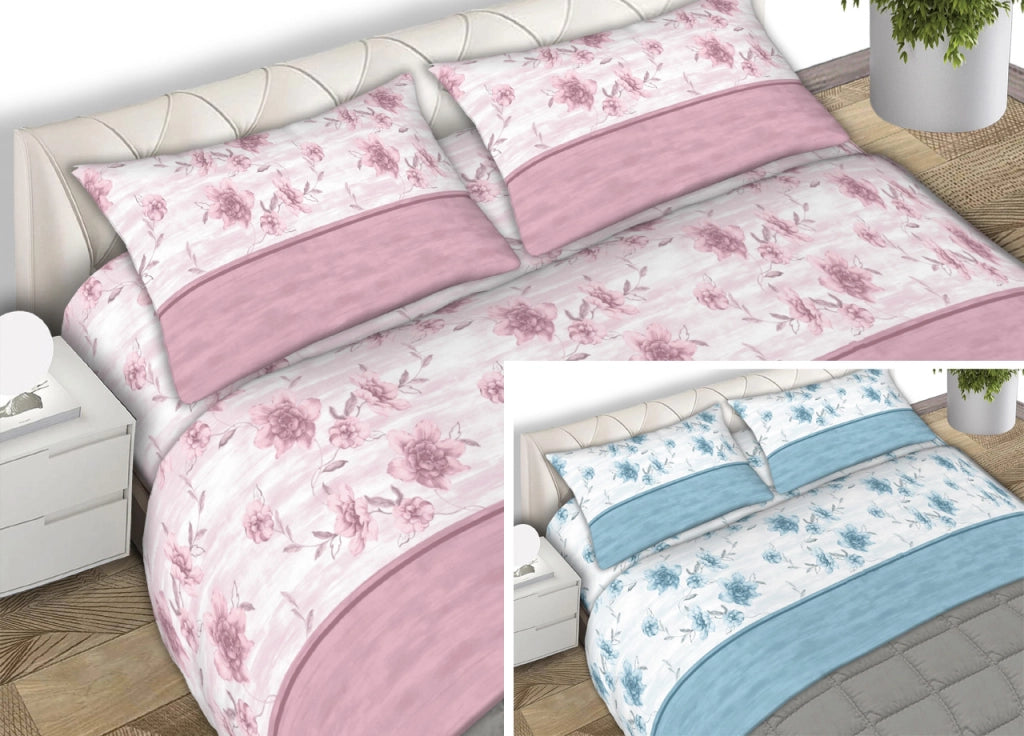 Completo Lenzuola 100% Cotone Made Italy Fantasia Floreale Gaia C.N - Matrimoniale - Azzurro