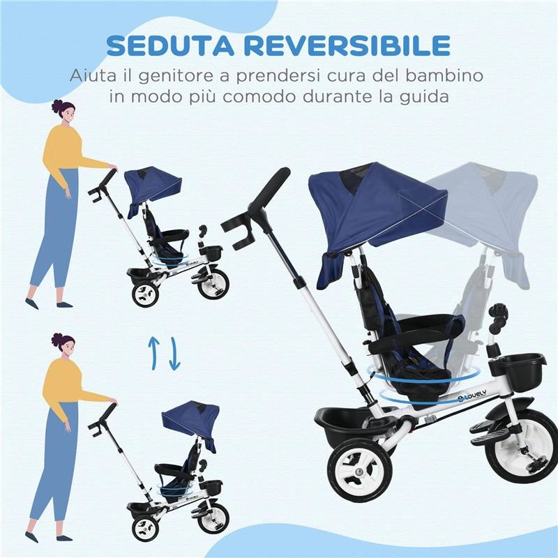 TRICICLO PASSEGGINO PER BAMBINI CON MANIGLIONE, PARASOLE REGOLABILE E CINTURA DI SICUREZZA, BLU SCURO