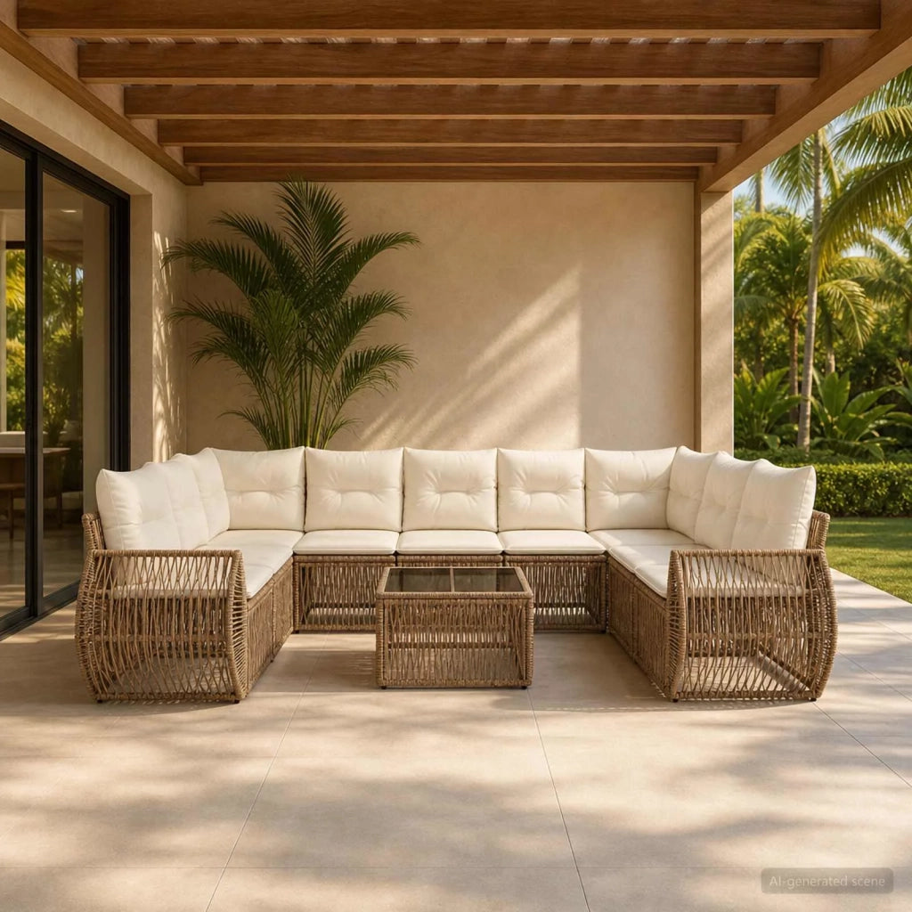 Set Divano da Giardino 10 pz Beige e Bianco Crema polyrattan 3435525