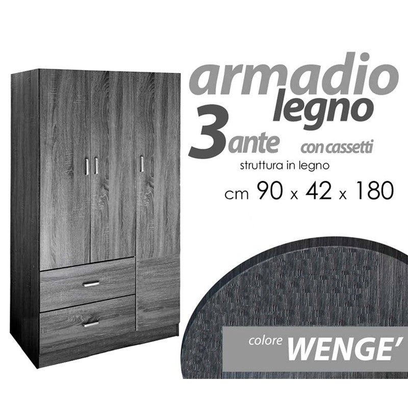 (2c) Armadio camera grigio tre ante con due cassetti cm 90 x 42 x 180 h