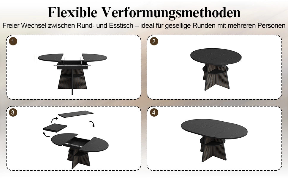 Tavolo allungabile con vano aperto e angoli arrotondati, per 2-8 persone, in MDF e metallo, nero, 110-150 × 110 × 76 cm