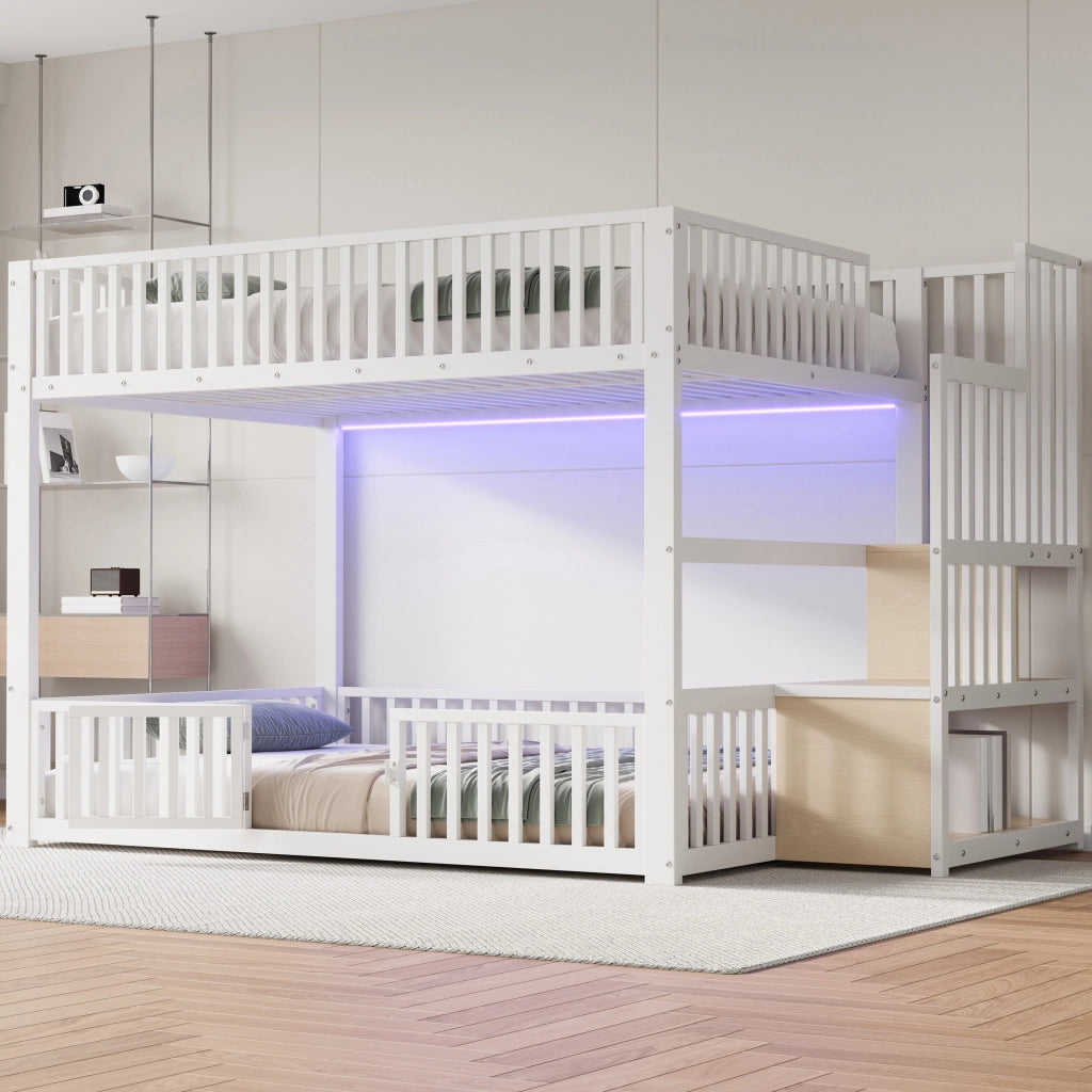 Letto a castello 140 × 200 cm con scala contenitore, LED regolabile, senza materasso, bianco