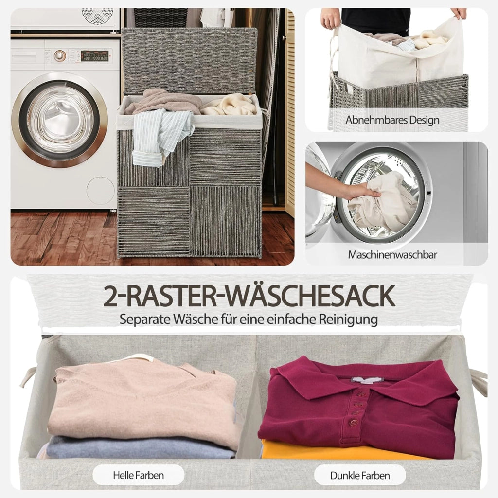 Cesto portabiancheria con coperchio, 110 l, in rattan con tasca interna in 2 parti, design pieghevole e pratici manici, cestino per vestiti in tessuto a mano, per lavanderia e bagno, grigio
