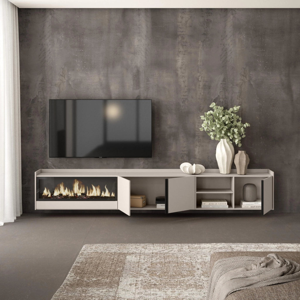 Mobile TV Soggiorno, 315x50x35 cm, Per TV fino a 80", Camino elettrico XXL, Sospeso, da appendere, Beige