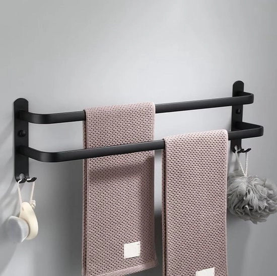 Sostegno per Asciugamano senza Fori per Parete per Bagno Cucina Sostegno per Asciugamano in Alluminio con 2 Ganci per Asciugamano Autoadesivo 2 Strati 60cm
