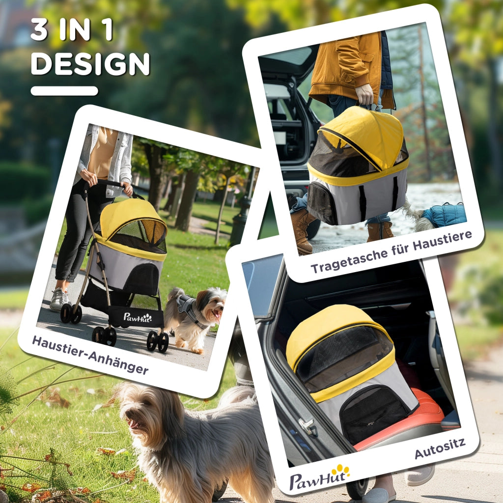 Carrello pieghevole 2 in 1 per cani e gatti con cesta e tasca, ruote con freno, guinzagli di sicurezza, acciaio, giallo