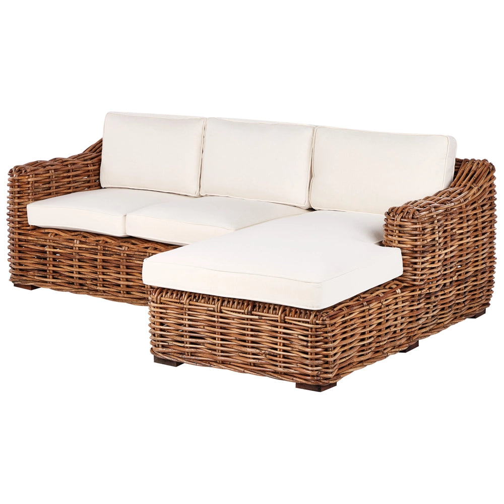 Divano da giardino in rattan naturale per esterni a 3 posti con cuscini bianchi in vimini, soggiorno tradizionale Boho