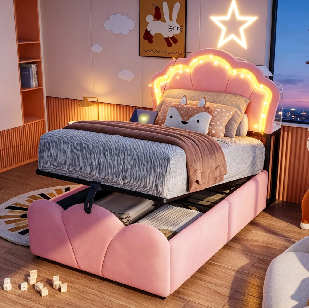 Letto imbottito 90x200 cm con contenitore idraulico, LED e prese integrate