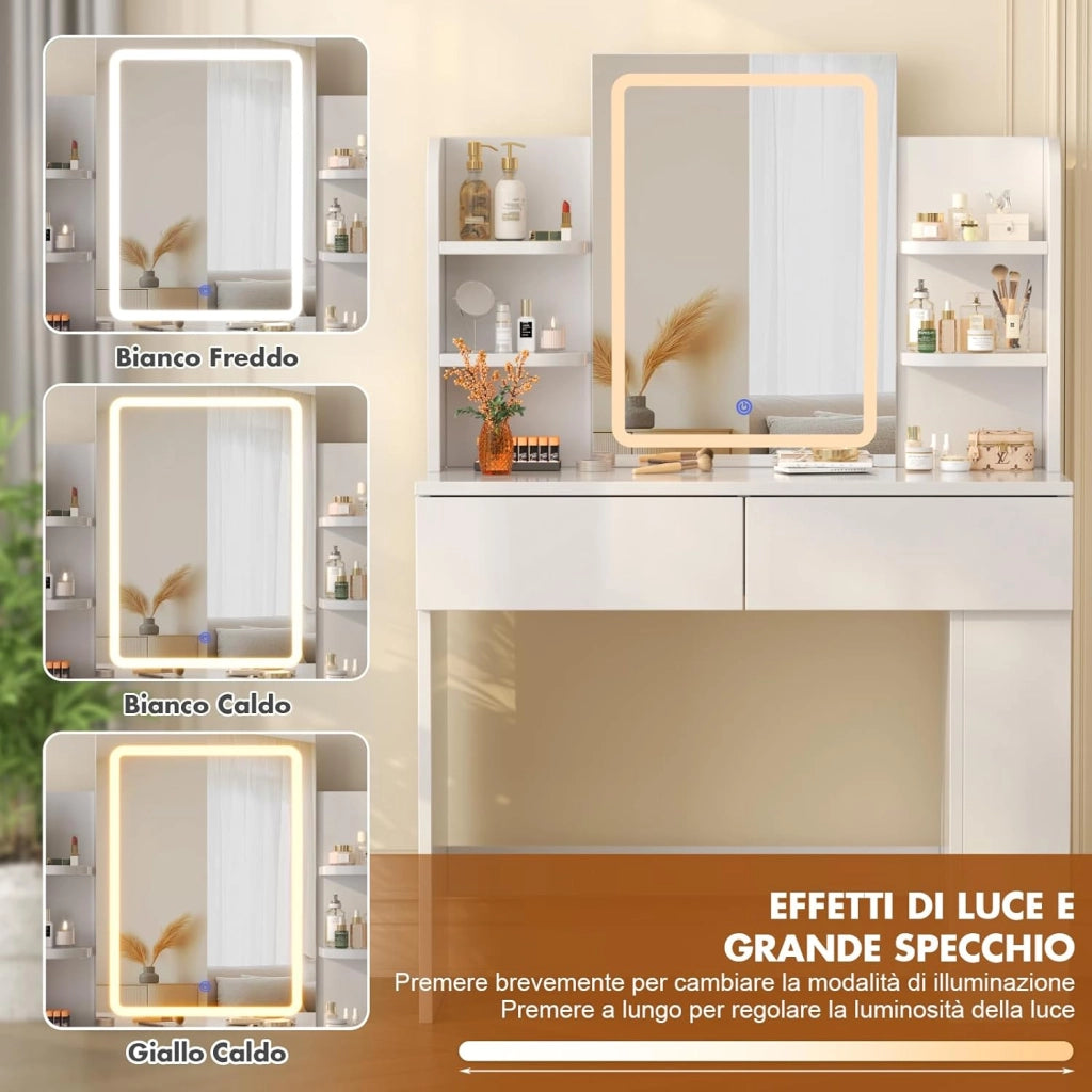 Toeletta Trucco con Luci LED 3 con Luminosità Regolabile,Tavolo da Trucco con Specchio, Ripiani Regolabili, 2 Cassetti, in Legno,Moderno (Bianco, 90cm)