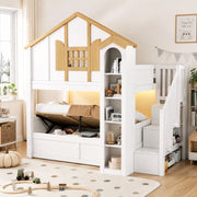 Letto a castello 90x200 cm in pino bianco con scala contenitore, LED e vano con sollevamento idraulico