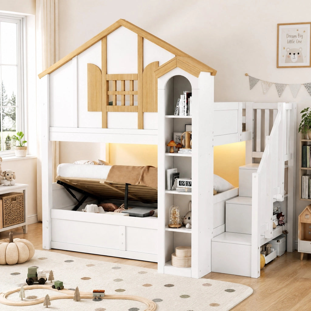 Letto a castello 90x200 cm in pino bianco con scala contenitore, LED e vano con sollevamento idraulico