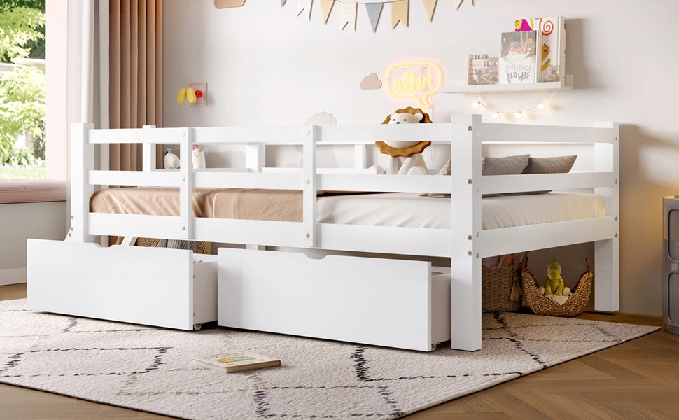 Letto in legno con sponde e 2 cassetti, 90x200 cm, bianco