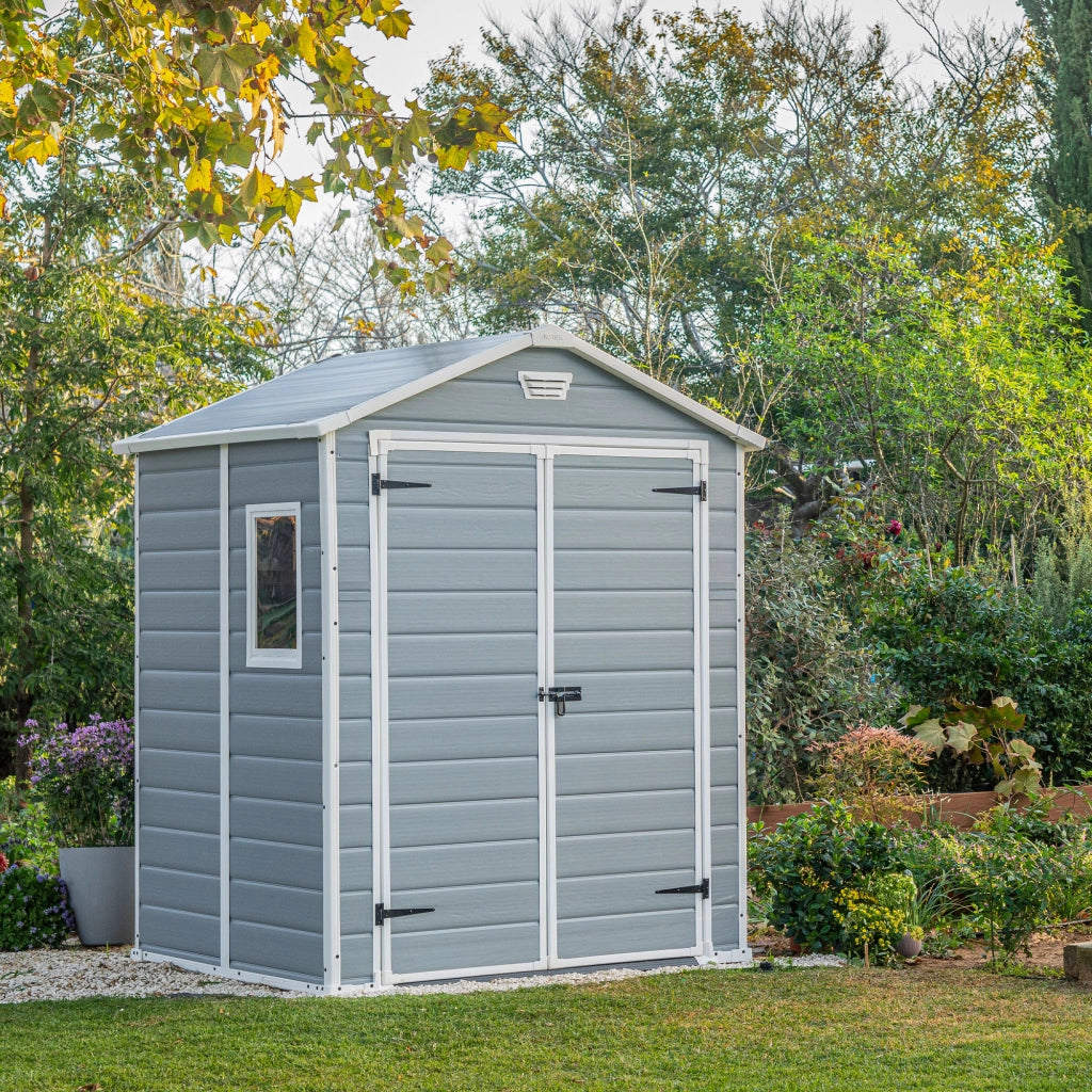 Manor 6x5 - Casetta da Giardino 185x226x152 cm 2 Ante per deposito attrezzi finitura effetto legno graffiato in Resina Grigio
