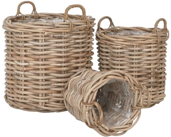 Set di 3 contenitori di stoccaggio - Organizzazione dei contenitori - Scatole tessili - Rattan naturale - Ø62cm x 53 cm