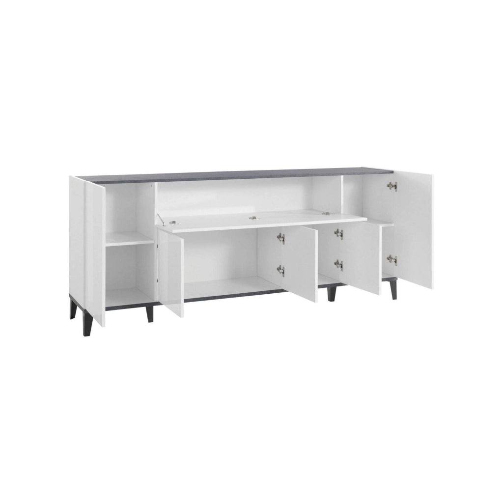 Credenza moderna a 6 Amour, Made in Italy, Madia da cucina rialzata, Buffet di design da soggiorno, Cm 200x40h82, Bianco lucido e Ardesia