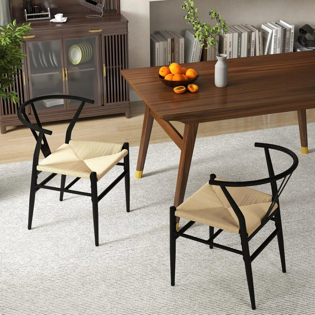 Set di 2 Sedie Sala da Pranzo, Sedie Impilabile Moderna in Metallo con Seduta Intrecciato, Schienale a Forma di Y e Braccioli, Poltrone per Ufficio, Cucina e Ristorante (Nero e Naturale)