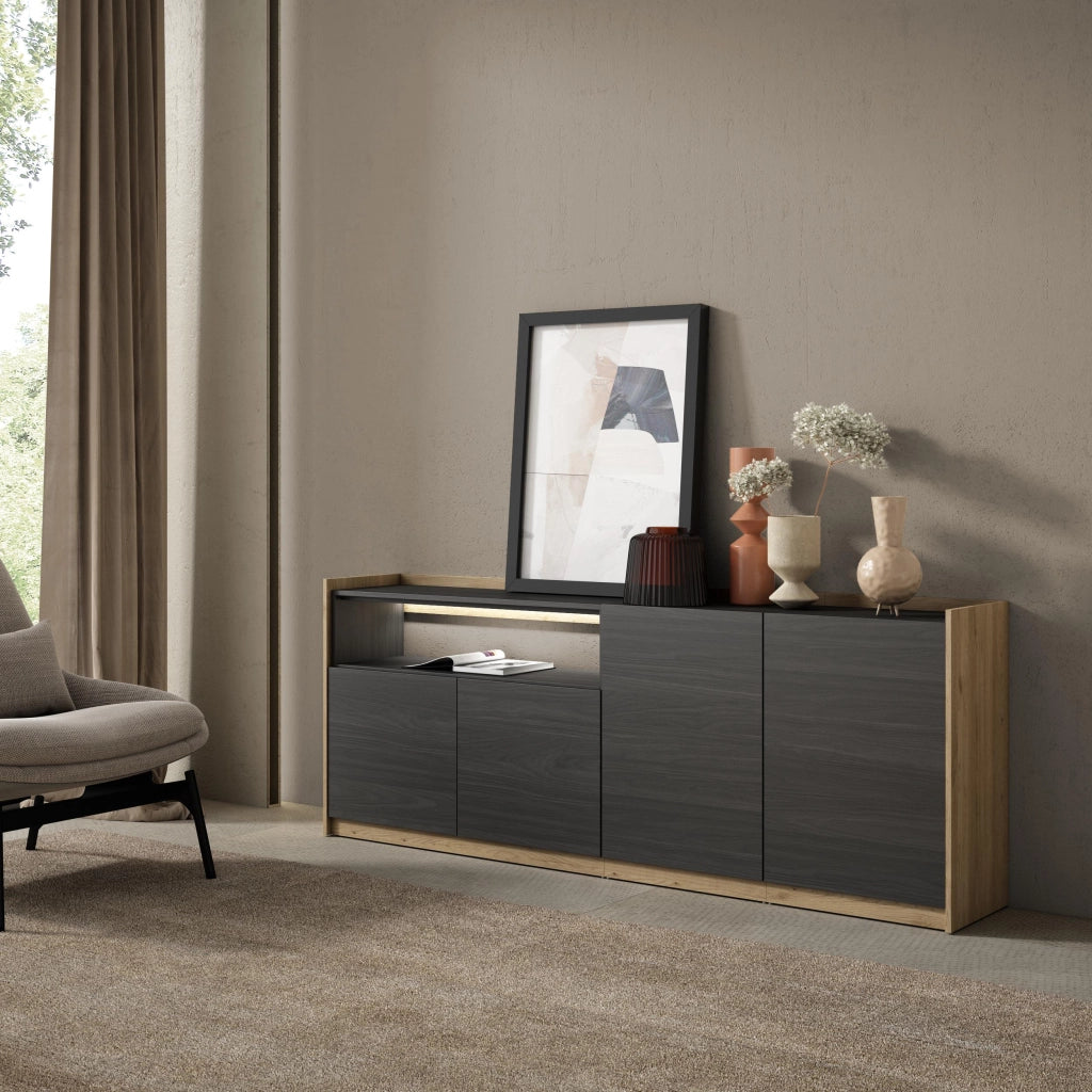 Credenza, Mobile, Cucina, 207x80x37 cm, 4 Porte, LED, Nero e rovere