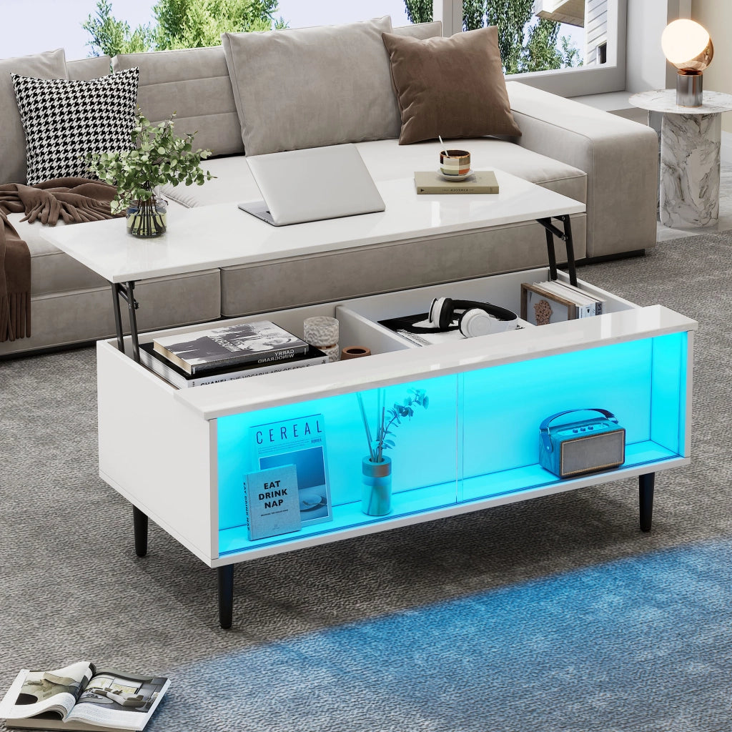 Tavolino da caffè alzabile con LED e vani contenitore - per soggiorno - 105×50×43 cm - bianco
