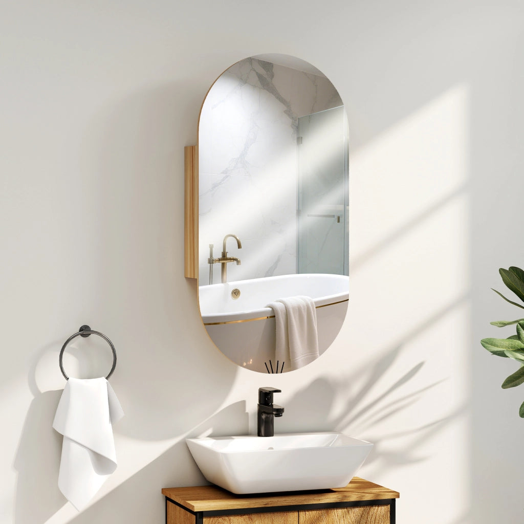 Armadietto bagno con specchio ovale 45x90 cm ¨C zephmum ¨C legno naturale