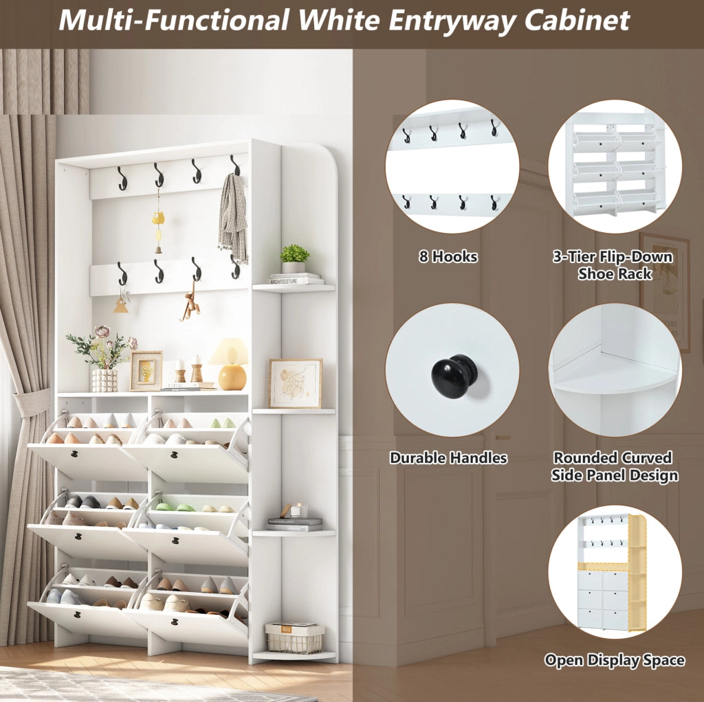 Garderoba ingresso con scarpiera ribaltabile; 8 ganci e 5 ripiani; 120 x 24 x 200 cm; bianco
