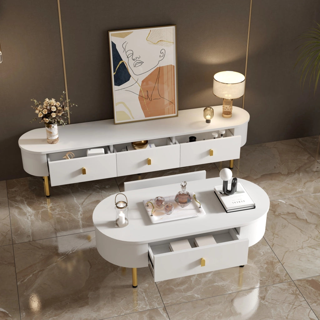 Set tavolino da caffè e mobile TV con cassetti; MDF; bianco e oro
