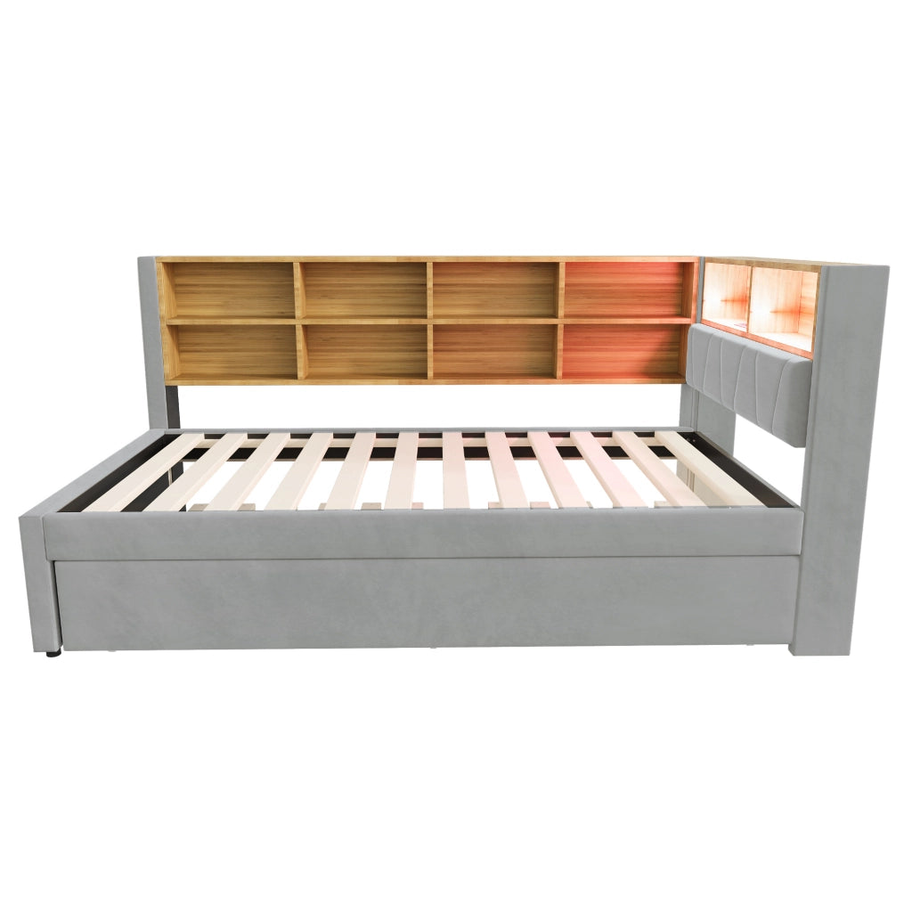 Divano letto multifunzionale 90x200 cm con letto estraibile 90x190 cm; LED e prese; grigio chiaro