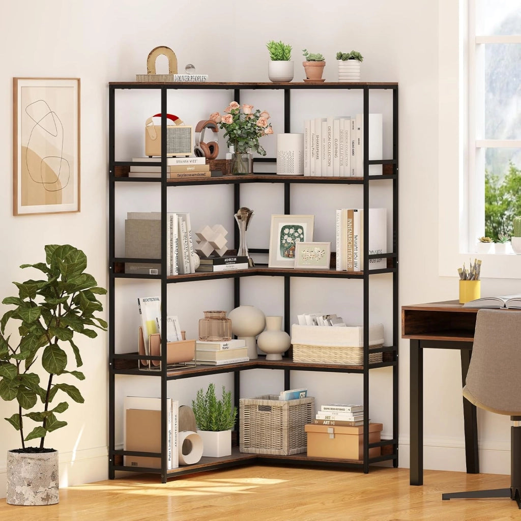 Libreria ad Angolo 180 cm, Libreria a 5 Ripiani a Forma di L con Struttura in Metallo, Scaffale Espositivo Aperto Industriale per Soggiorno Studio Ufficio e Casa, 110 x 89 x 180 cm