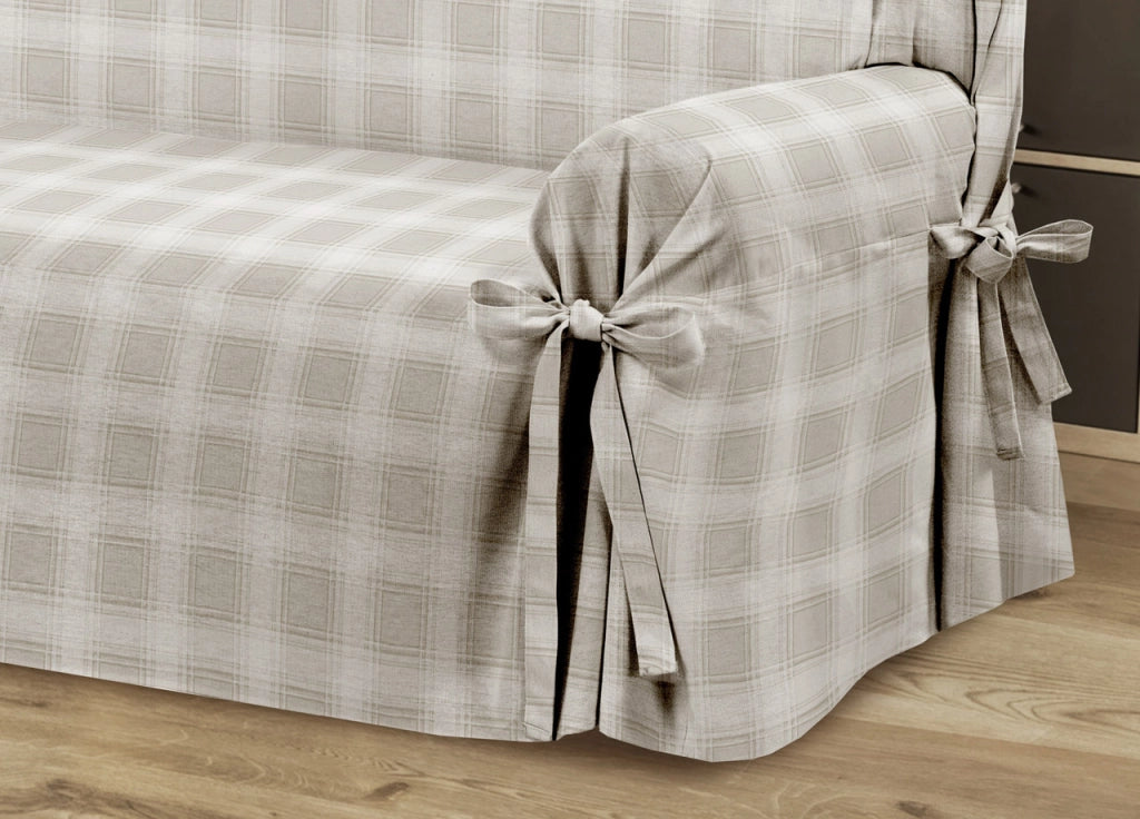 Copridivano Fodera Telo Protezione Divano Con Laccetti Fiocco Varie Fantasie - 2 Posti - Scozzese Beige