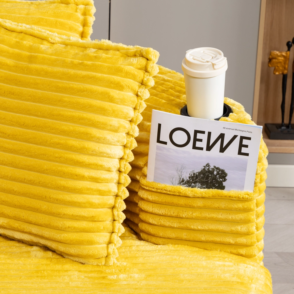 Divano curvo in velluto a coste con portabicchieri, tasca laterale e cuscino – colore senape