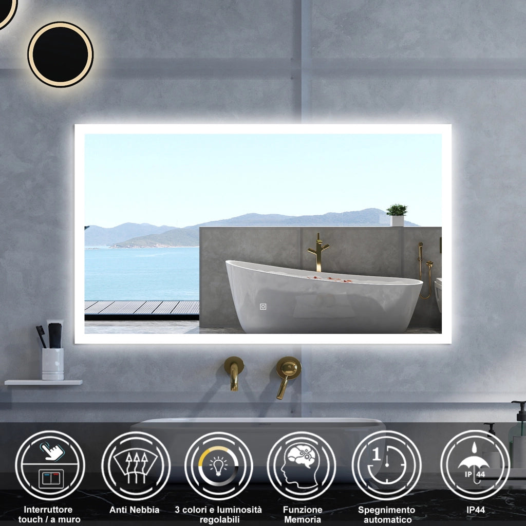 Specchio da bagno Rettangolare con 100x60cm,3 colori,Memoria, Antifog,Regorabile,Retroilluminato,doppio interruttore,