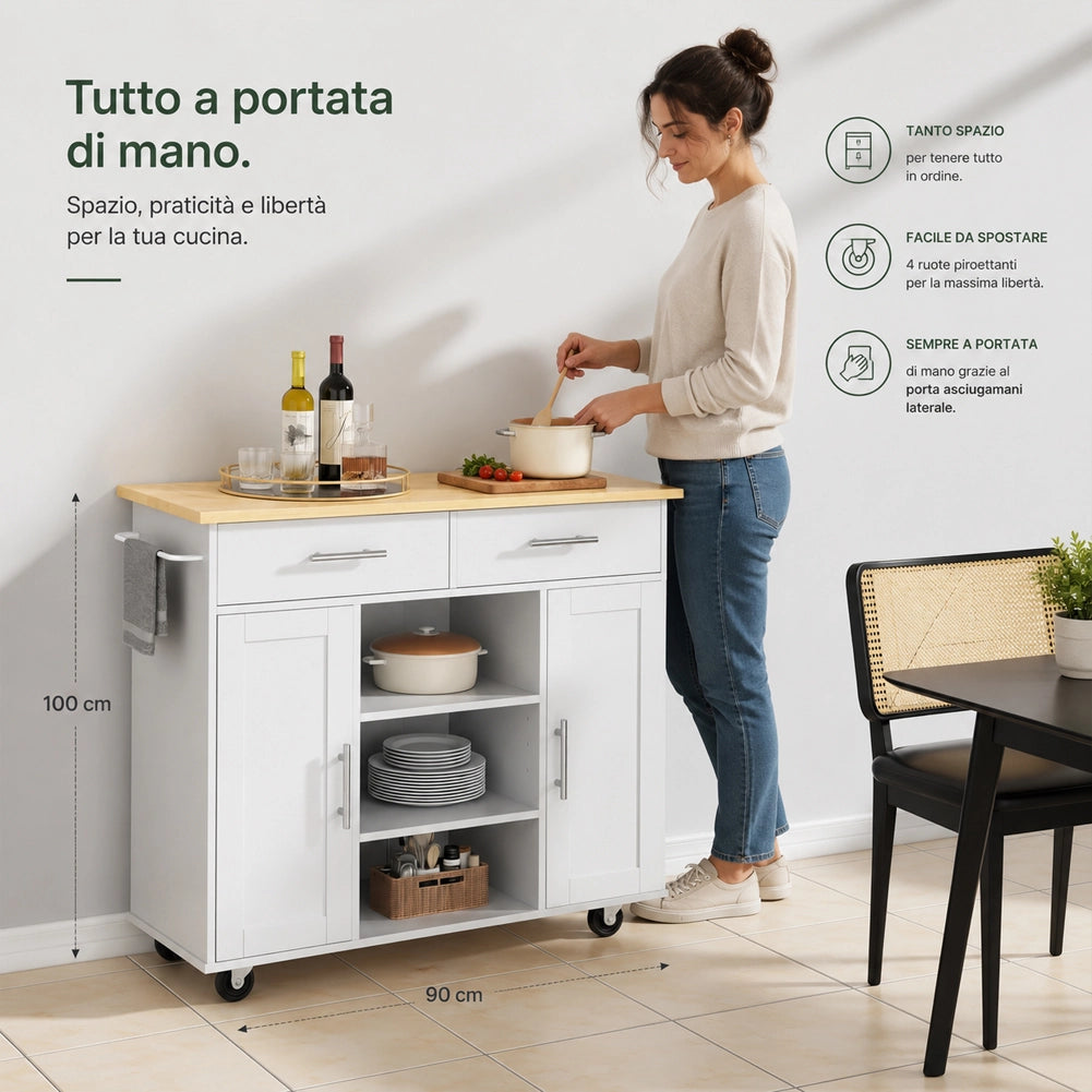 Carrello Isola da Cucina 90x46x100 cm Mobile con Cassetti con Ruote e Top Quercia Bianco