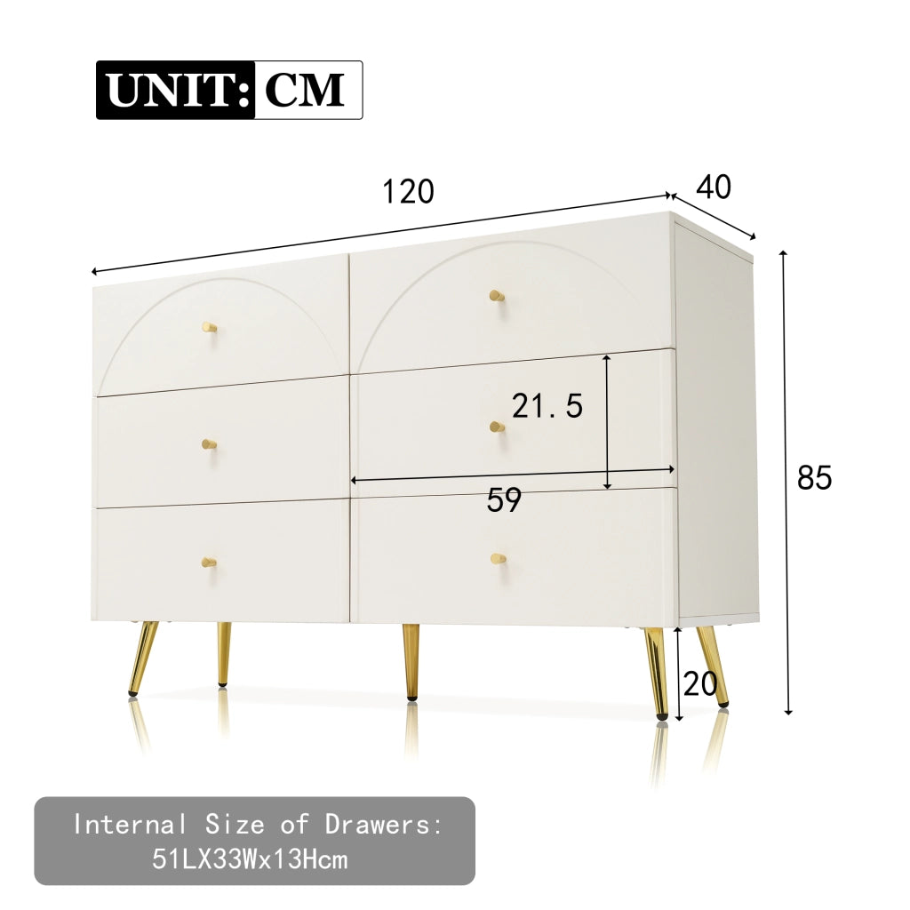OKWISH Comò con 6 Cassetti e Piede Centrale Regolabile, per Camera e Soggiorno, in Legno e Metallo, 120 x 40 x 85 cm