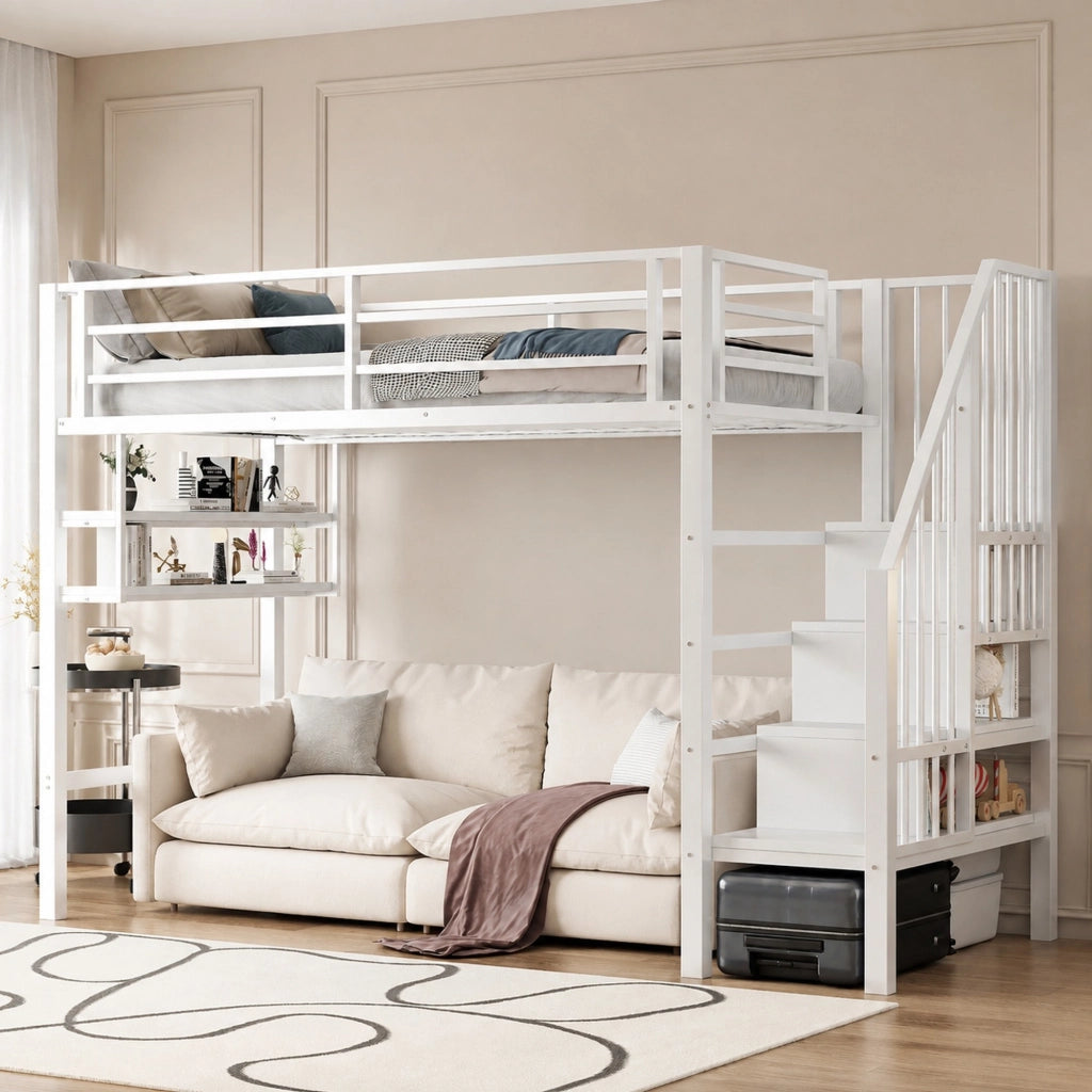 LETTO A CASTELLO 90x200 cm con ripiani, scala contenitore, bianco