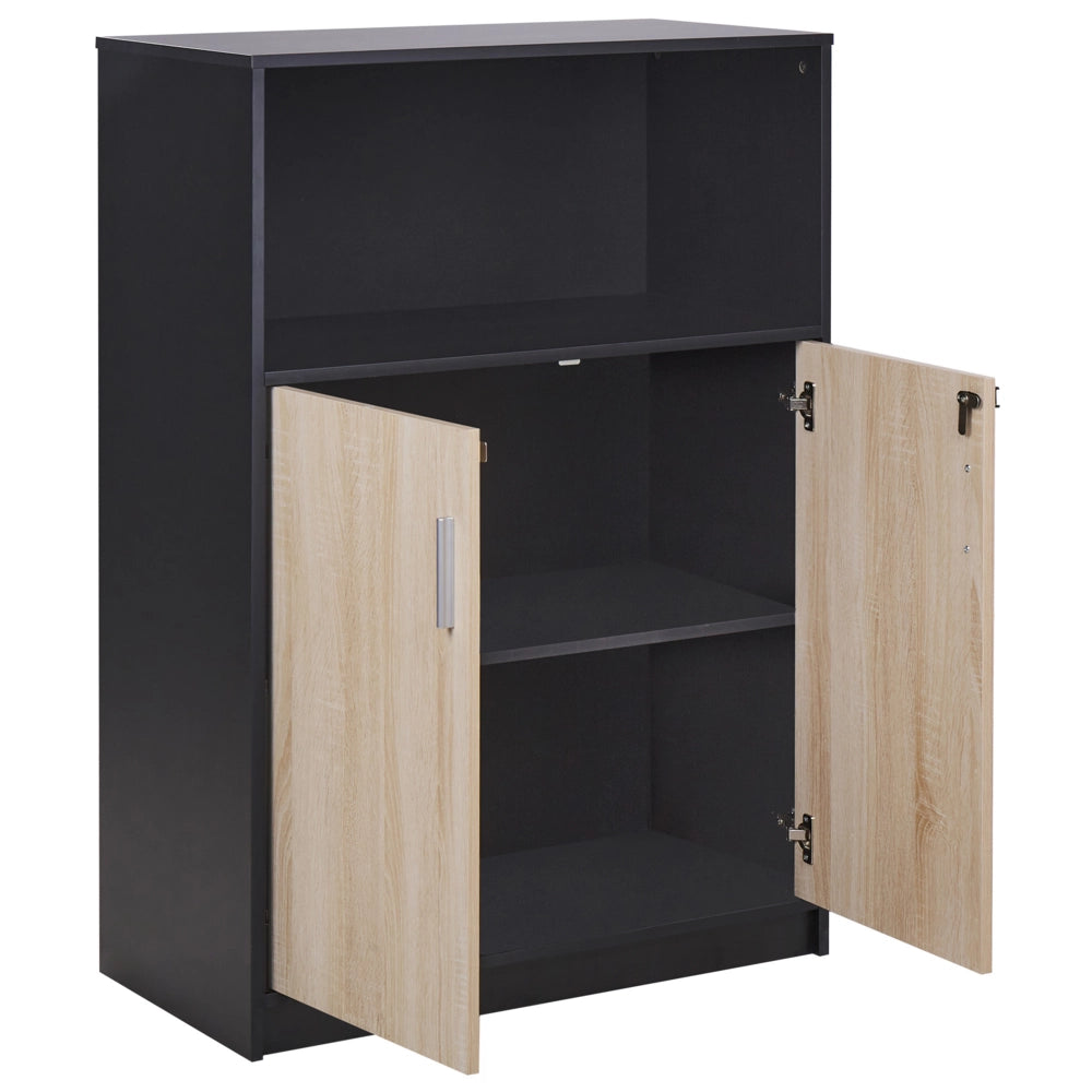 Armadietto moderno con 2 ante e scaffale aperto con chiusura a chiave legno chiaro e nero ufficio di casa stile moderno