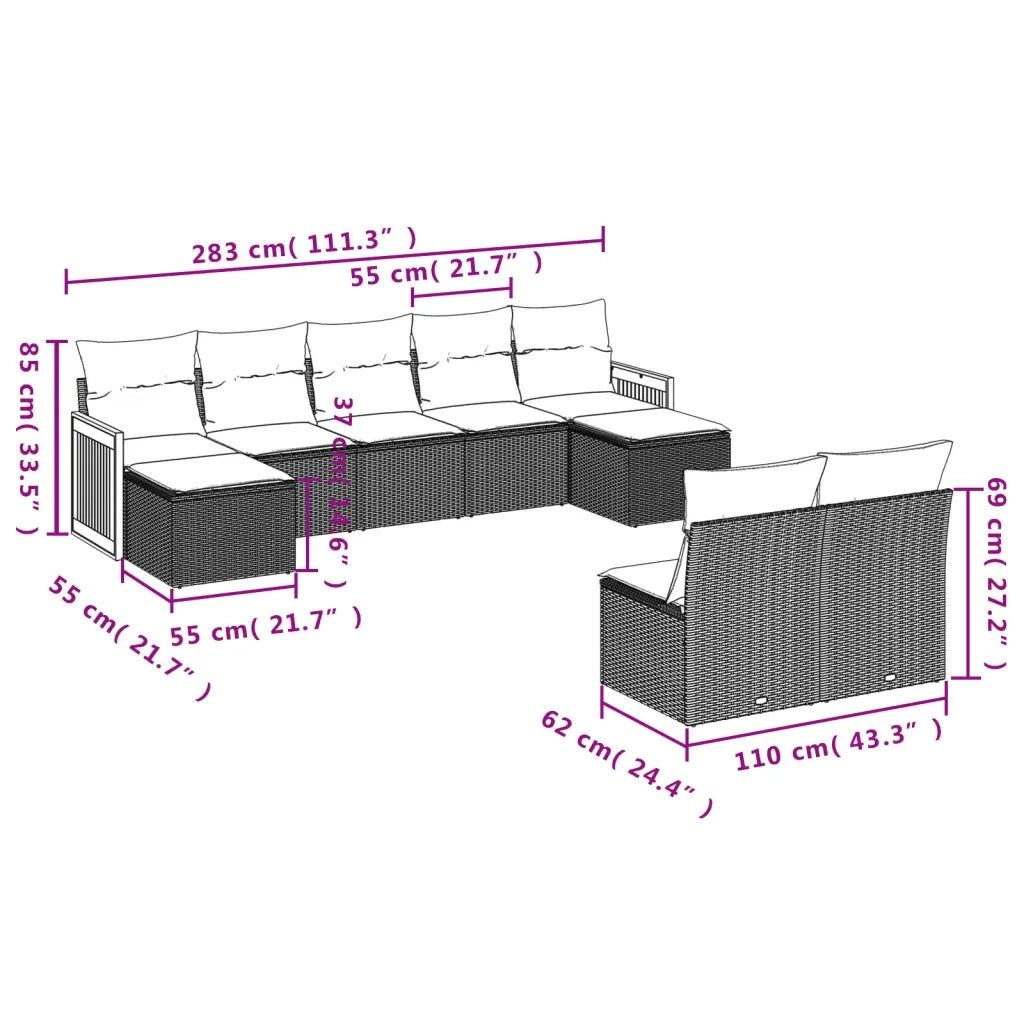 Set Divano da Giardino 9 pz con Cuscini Grigio in Polyrattan 3228055