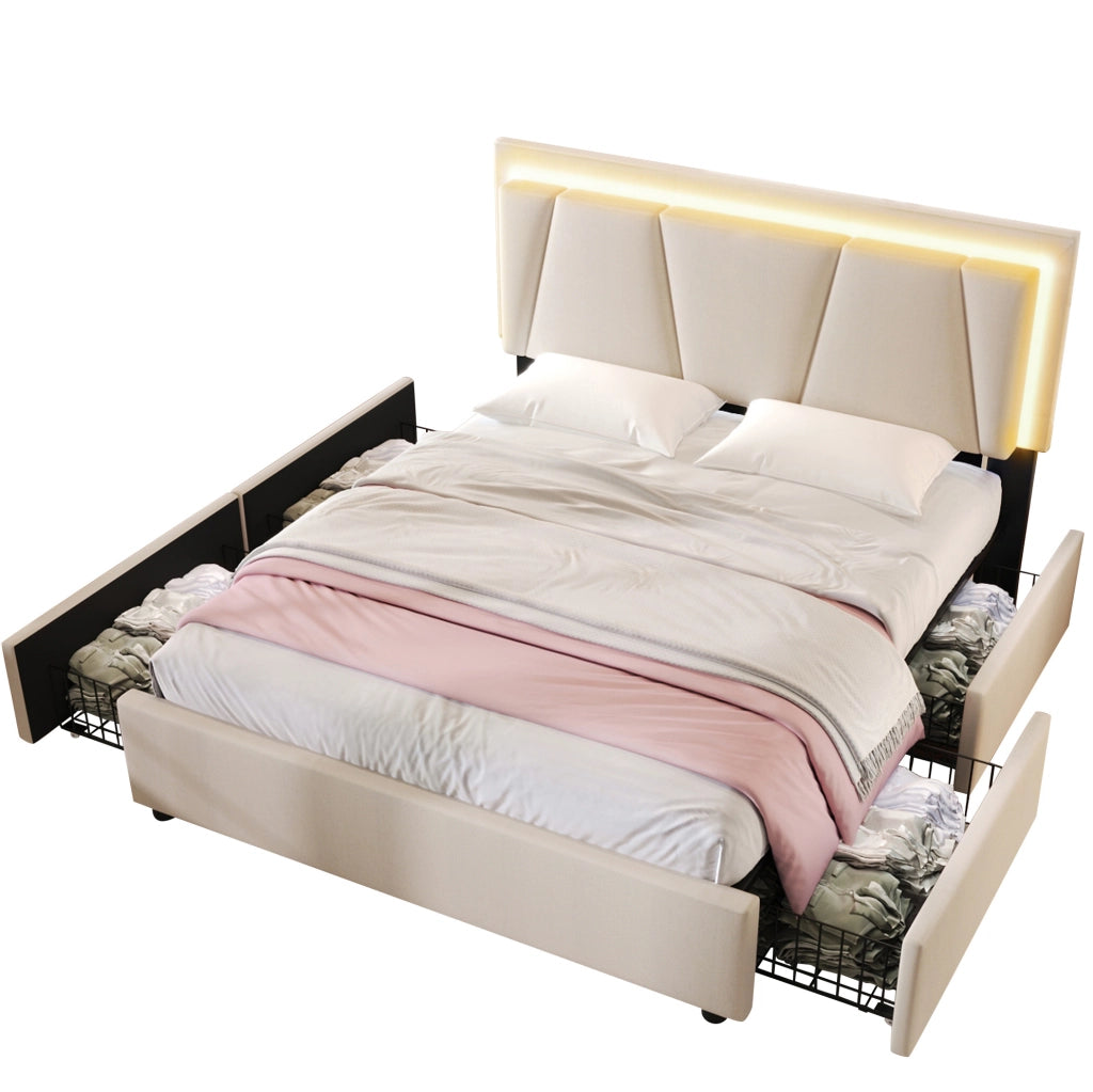 Letto matrimoniale beige 160x200 cm con LED, 4 cassetti e testiera regolabile