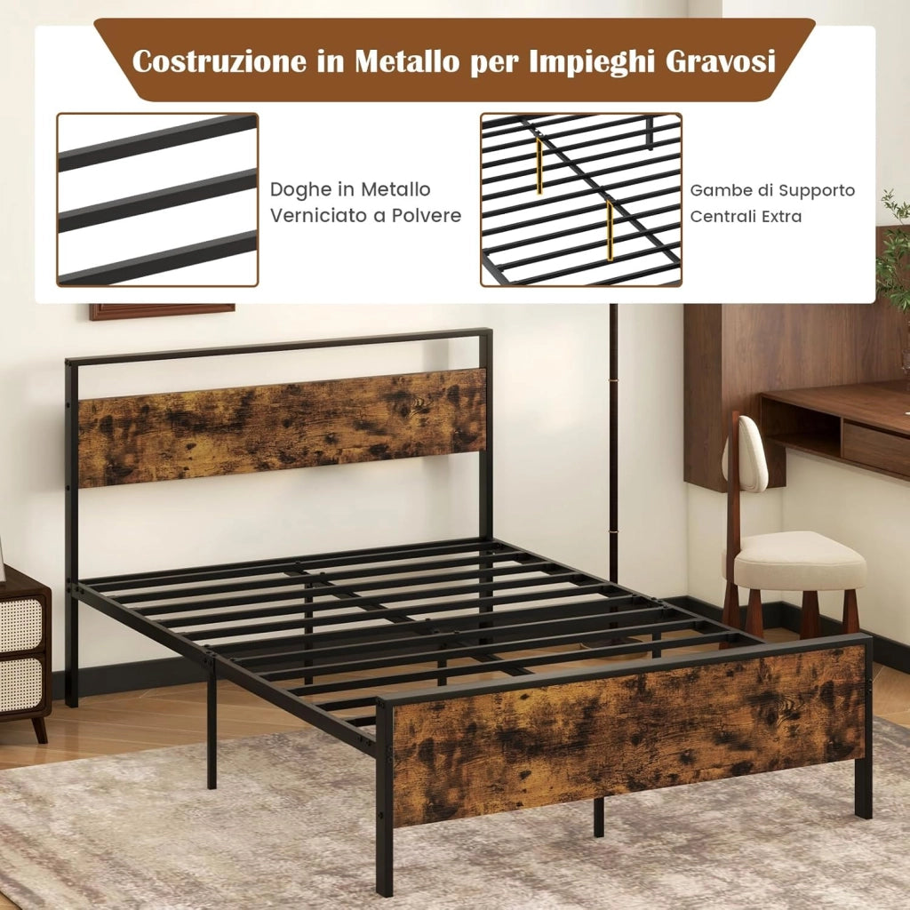 Struttura Letto Matrimoniale 200 x 140 cm, con Pediera e Testiera in Legno Industriale, Telaio da Letto con Doghe in Metallo Robusto, Carico Massimo 360 kg